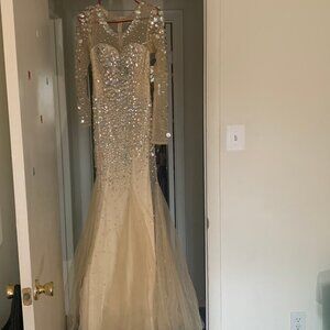 Gold Rhinestone Mermaid Prom Dress – Long Sleeve – Size 6